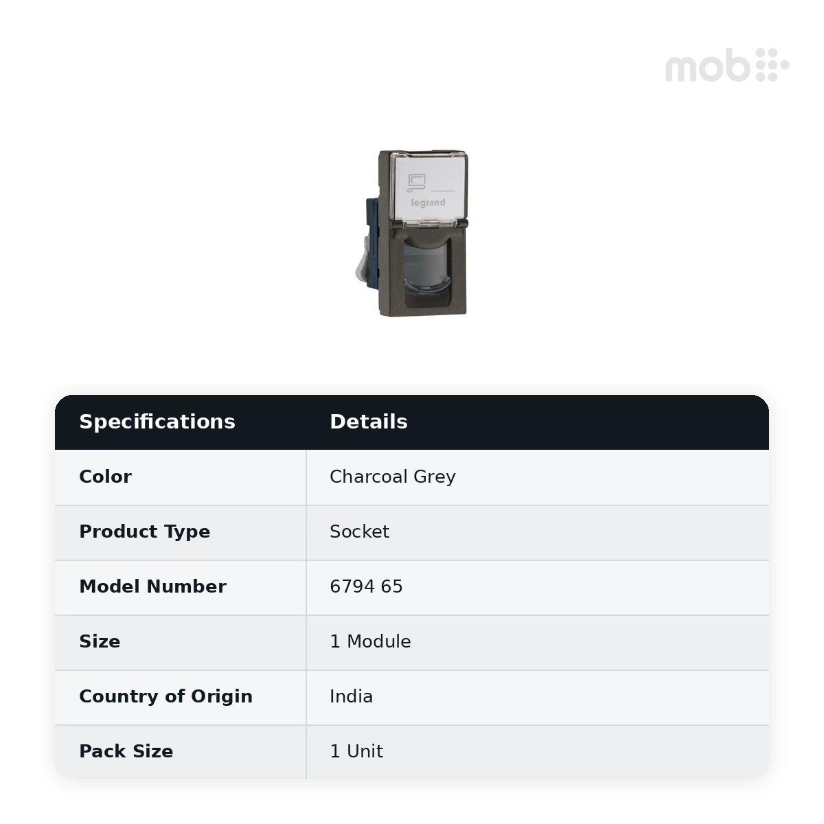 Legrand Myrius Information Socket - RJ45 - Cat 6 - UTP - Tooless with Shutter - 1 Module, Cat. No.: 6794 65 - image 2