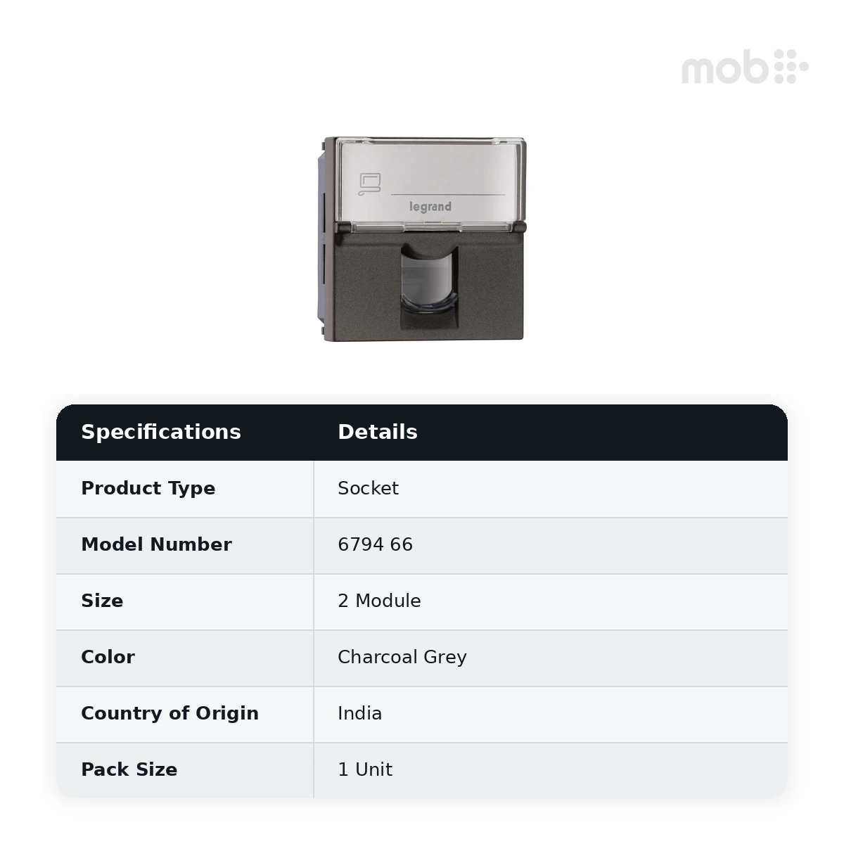 Legrand Myrius Information Socket - RJ45 - Cat 6 - UTP - Tooless with Shutter - 2 Module, Cat. No.: 6794 66 - image 2