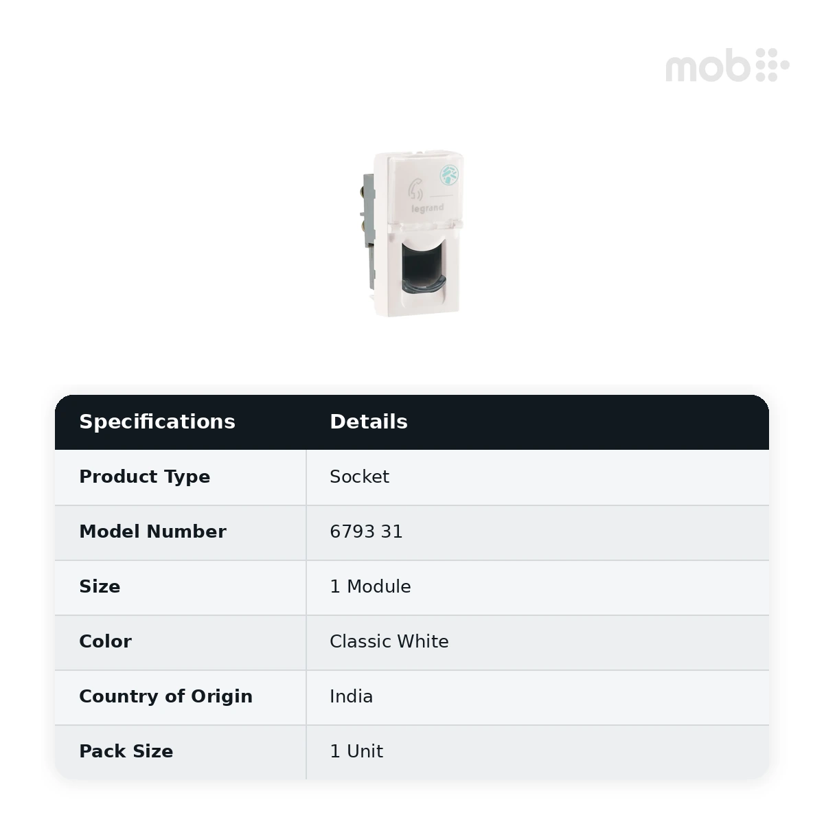 Legrand Myrius Telephone Socket - RJ11 - 1 Module - Anti - Bacterial, Cat. No.: 6793 31 - image 2