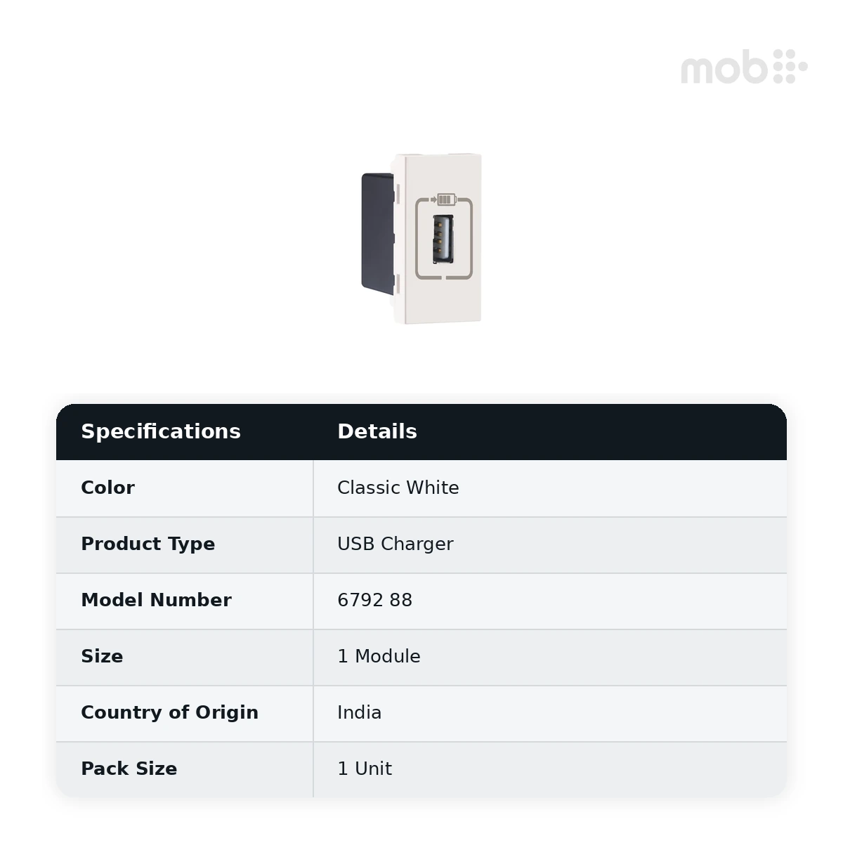Legrand Myrius USB Charger - 1500mA - Type A - 1 Module, Cat. No.: 6792 88 - image 2