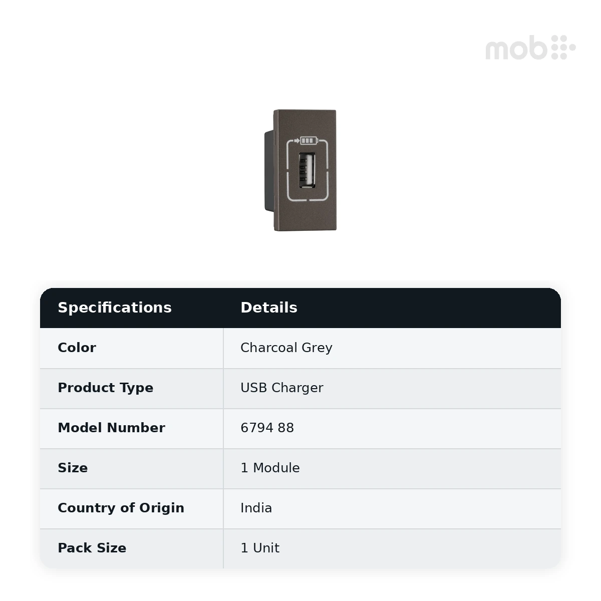Legrand Myrius USB Charger - 1500mA - Type A - 1 Module, Cat. No.: 6794 88 - image 2