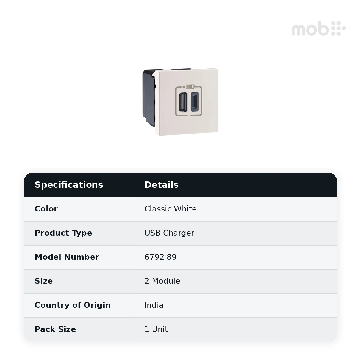 Legrand Myrius USB Charger - 3000mA - Type A + C - 2 Module, Cat. No.: 6792 89 - image 2