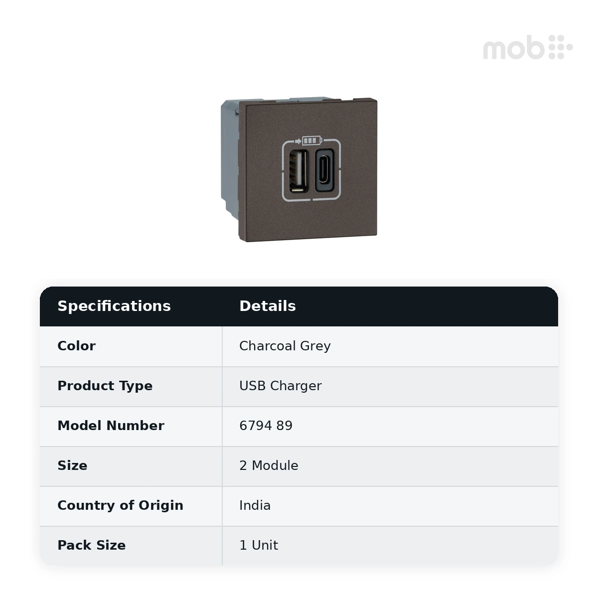 Legrand Myrius USB Charger - 3000mA - Type A + C - 2 Module, Cat. No.: 6794 89 - image 2
