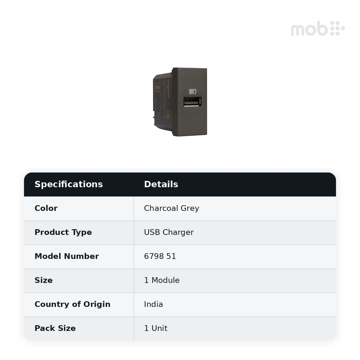 Legrand Myrius USB Charger - 3000mA/15 Watts - Type A - 1 Module, Cat. No.: 6798 51 - image 2