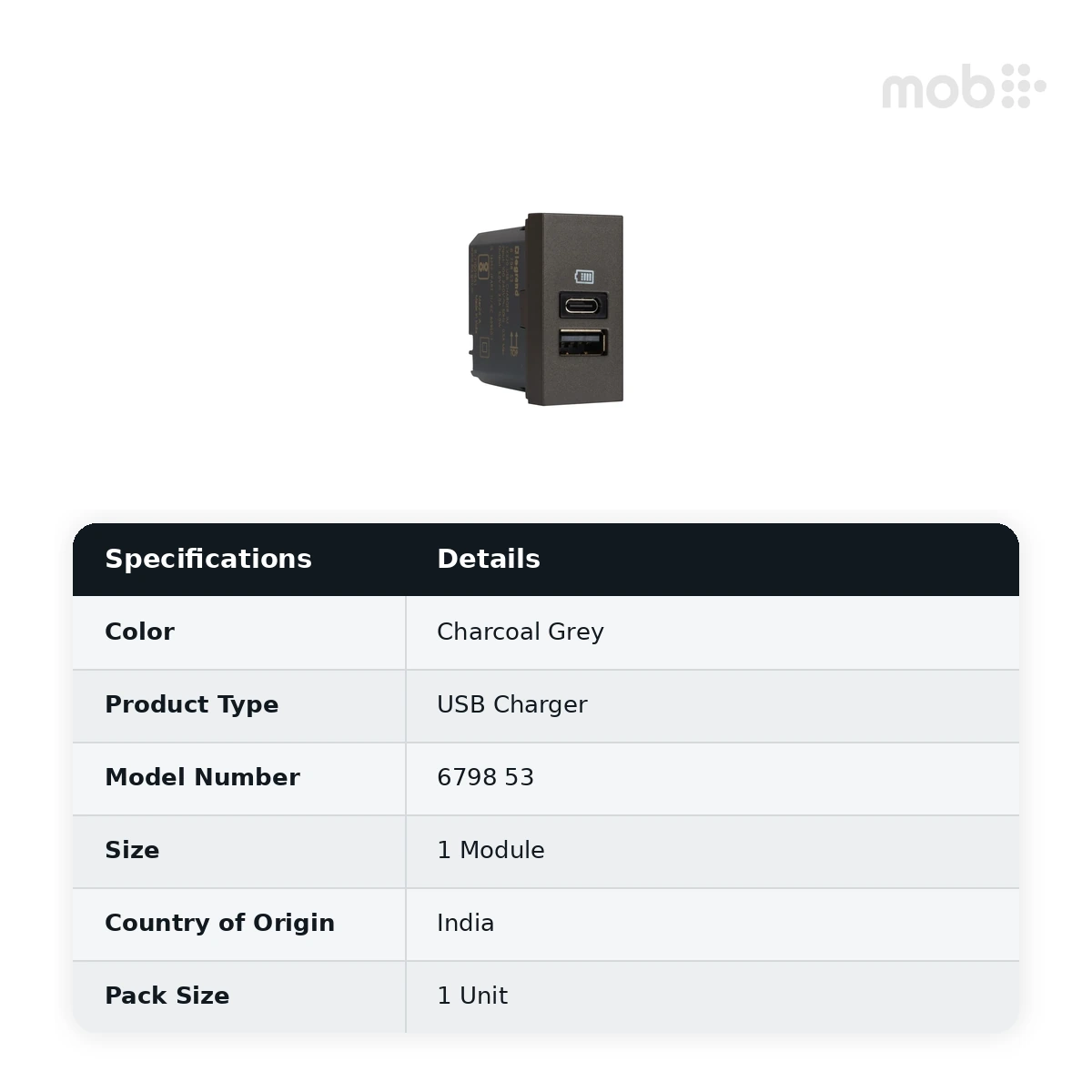 Legrand Myrius USB Charger - 3000mA/15 Watts - Type A + C - 1 Module, Cat. No.: 6798 53 - image 2