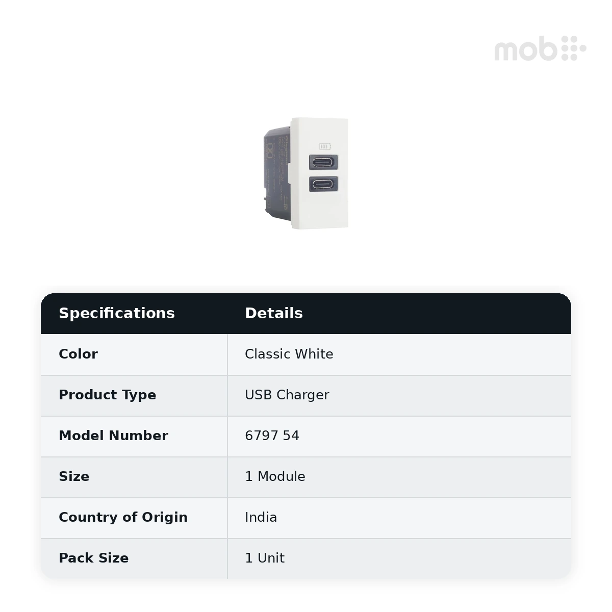 Legrand Myrius USB Charger - 3000mA/15 Watts - Type C + C - 1 Module, Cat. No.: 6797 54 - image 2