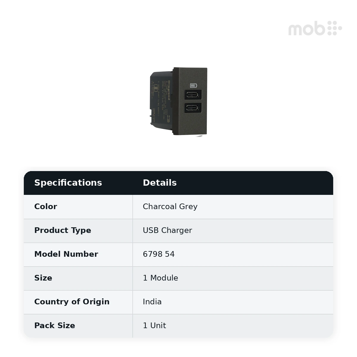Legrand Myrius USB Charger - 3000mA/15 Watts - Type C + C - 1 Module, Cat. No.: 6798 54 - image 2