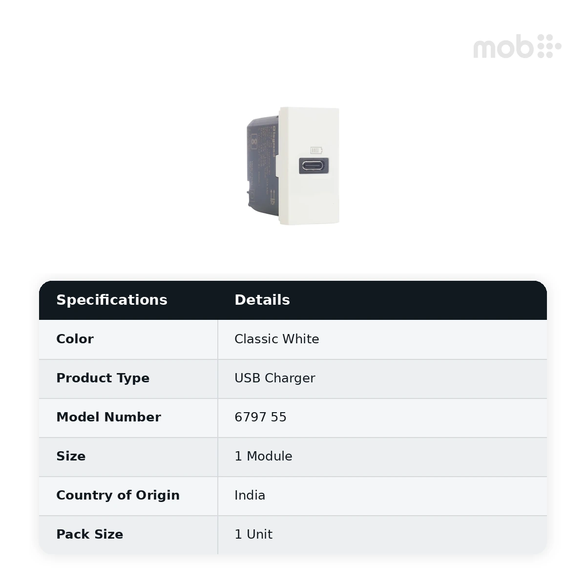 Legrand Myrius USB Charger - Power Delivery - 20 Watts - Type C - 1 Module, Cat. No.: 6797 55 - image 2