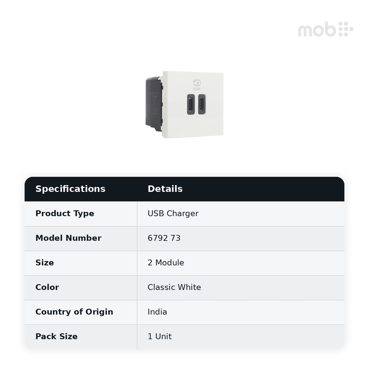 Legrand Myrius USB Charger - Power Delivery - 30 Watts - Type C + C - 2 Module, Cat. No.: 6792 73 - image 2