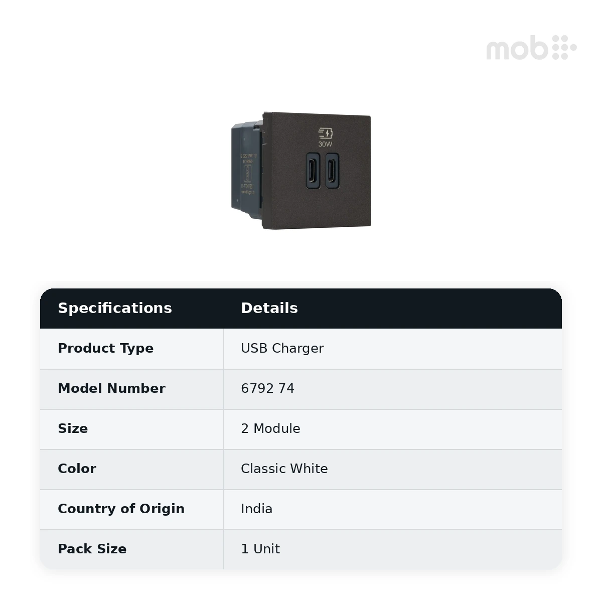 Legrand Myrius USB Charger - Power Delivery - 30 Watts - Type C + C - 2 Module, Cat. No.: 6792 74 - image 2