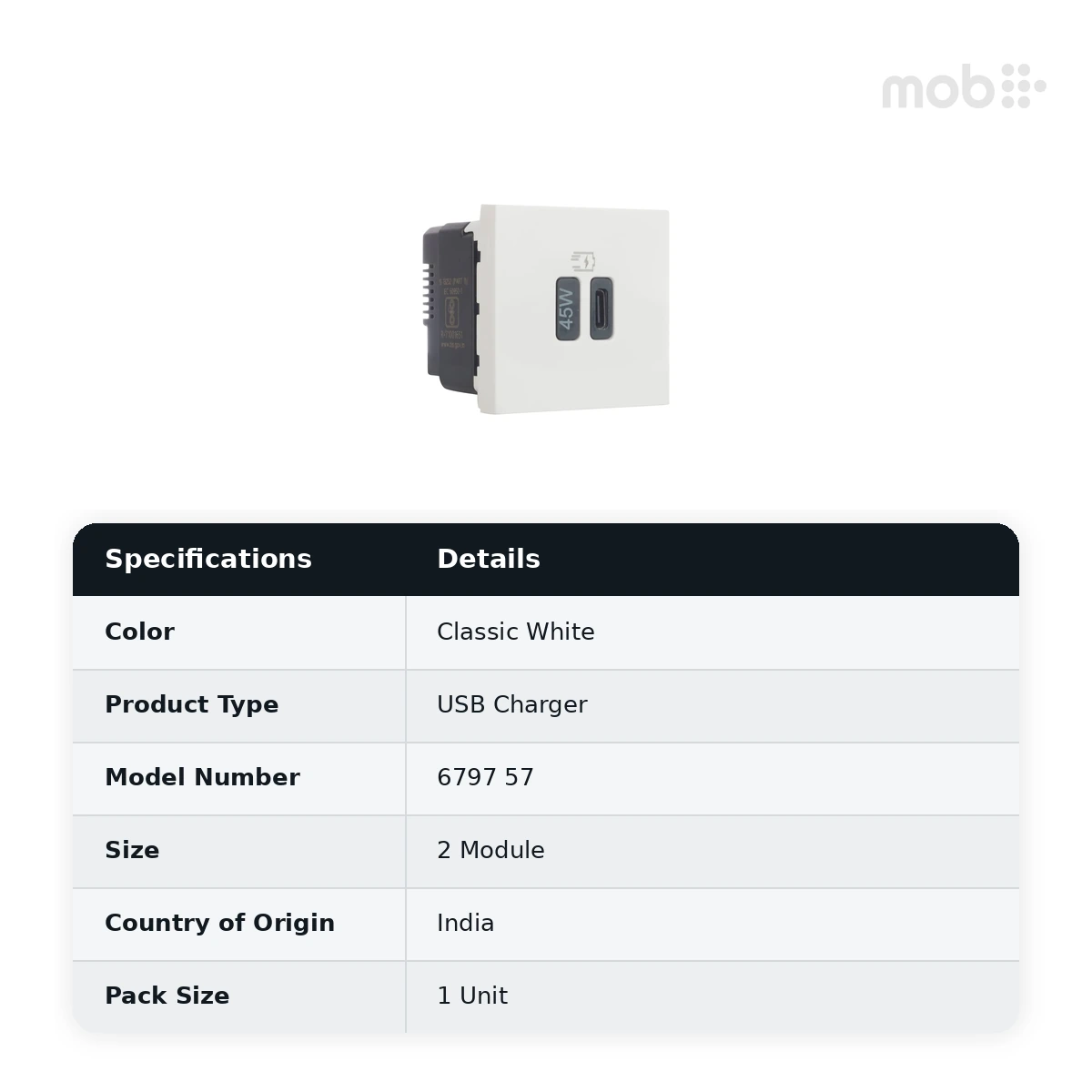 Legrand Myrius USB Charger - Power Delivery - 45 Watts - Type C - 2 Module, Cat. No.: 6797 57 - image 2
