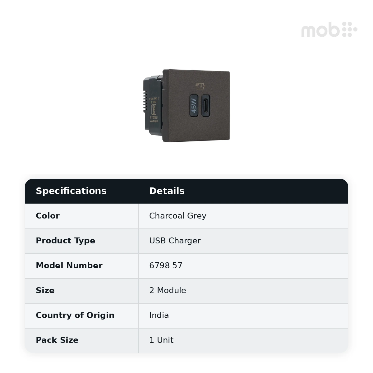 Legrand Myrius USB Charger - Power Delivery - 45 Watts - Type C - 2 Module, Cat. No.: 6798 57