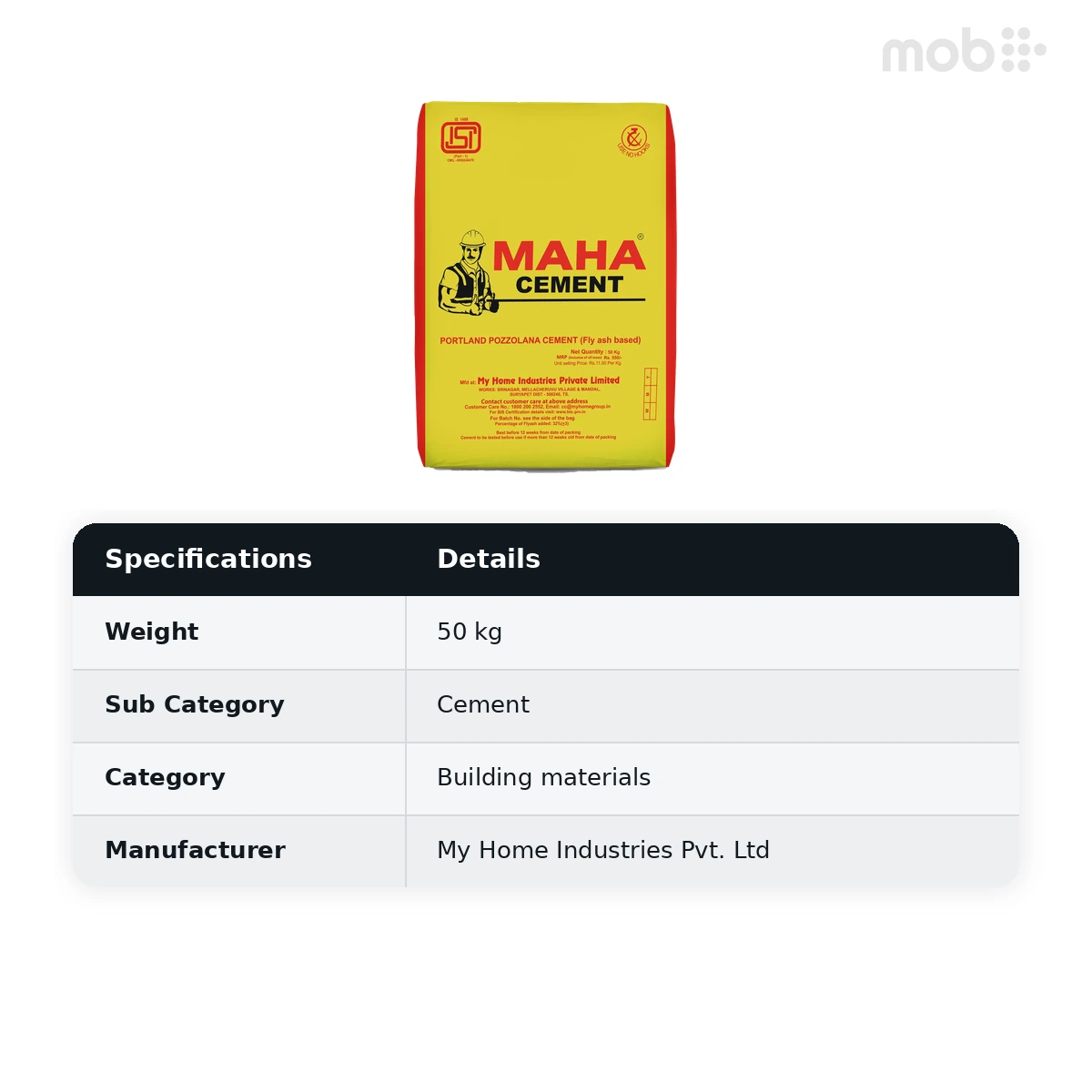 Maha Portland Pozzolana (PPC) Cement 50Kg Bag