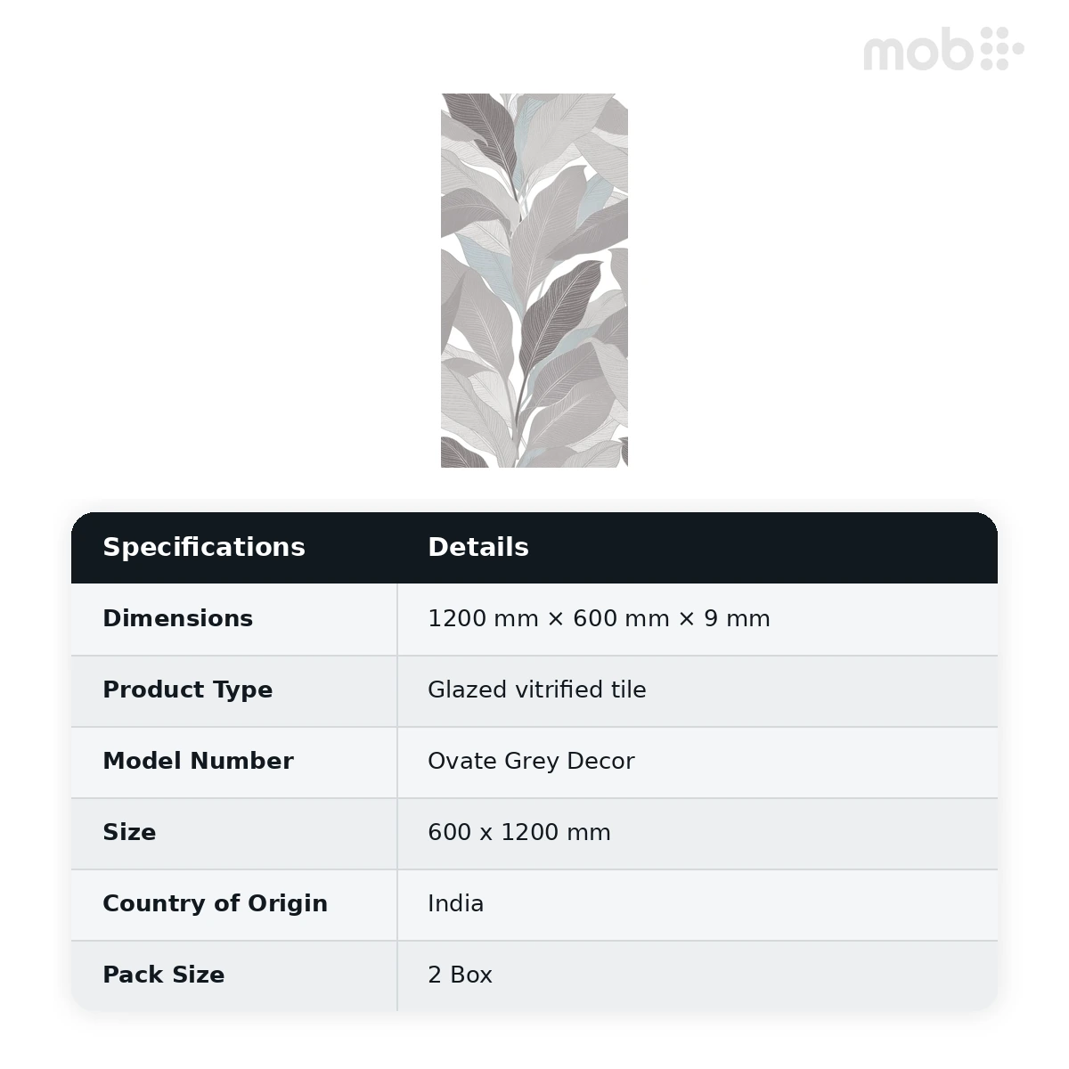 Morbi Tiles (Blackberry) Floral Ovate Grey Decor 600 x 1200 mm (2x4 Feet) Gloster Finish 9 mm Thickness, (2 Tiles/Box and 15.5 Sqft/Box) - image 2