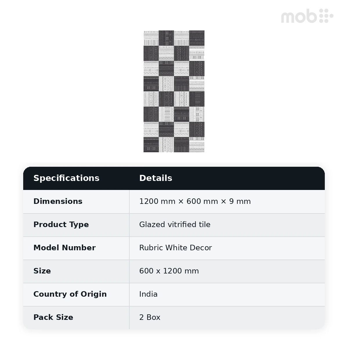Morbi Tiles (Blackberry) Floral Rubric White Decor 600 x 1200 mm (2x4 Feet) Gloster Finish 9 mm Thickness, (2 Tiles/Box and 15.5 Sqft/Box) - image 2