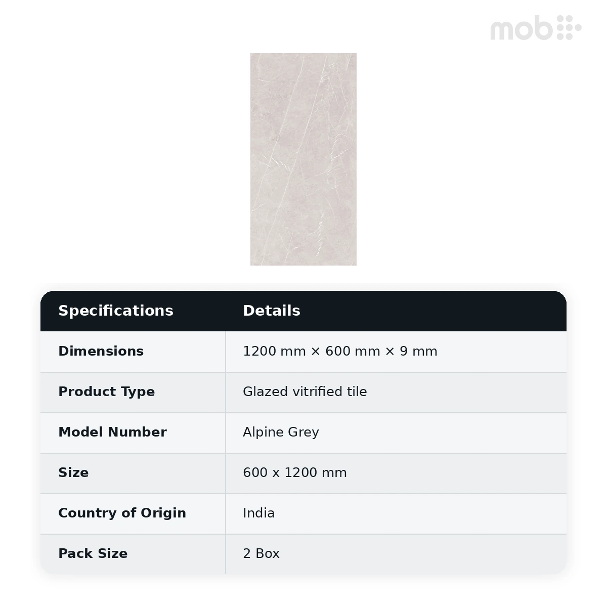 Morbi Tiles (Blackberry) Lucent Alpine Grey 600 x 1200 mm (2x4 Feet) Lucent Finish 9 mm Thickness, (2 Tiles/Box and 15.5 Sqft/Box) - image 2