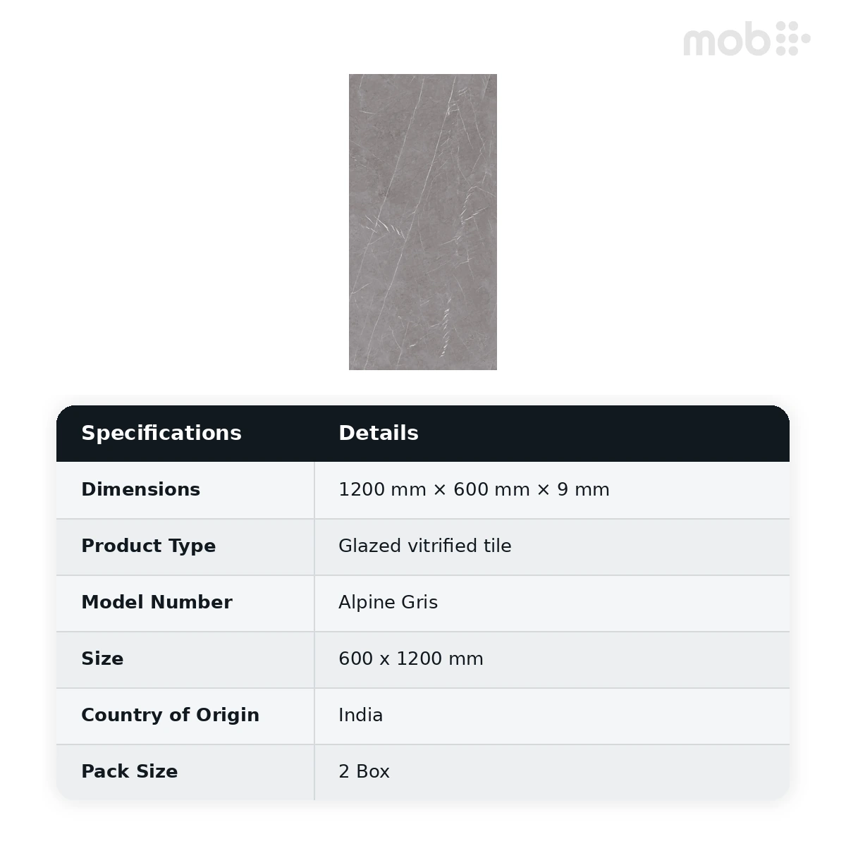 Morbi Tiles (Blackberry) Lucent Alpine Gris 600 x 1200 mm (2x4 Feet) Lucent Finish 9 mm Thickness, (2 Tiles/Box and 15.5 Sqft/Box) - image 2