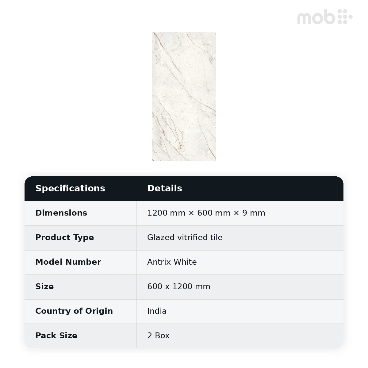 Morbi Tiles (Blackberry) Lucent Antrix White 600 x 1200 mm (2x4 Feet) Lucent Finish 9 mm Thickness, (2 Tiles/Box and 15.5 Sqft/Box) - image 2