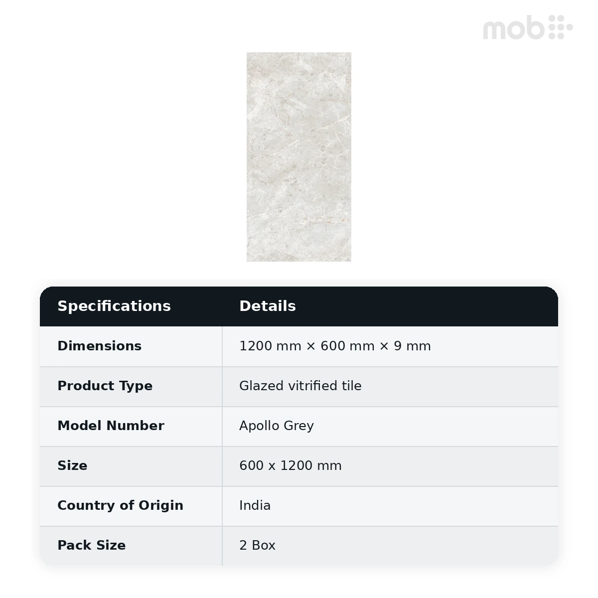 Morbi Tiles (Blackberry) Lucent Apollo Grey 600 x 1200 mm (2x4 Feet) Lucent Finish 9 mm Thickness, (2 Tiles/Box and 15.5 Sqft/Box) - image 2