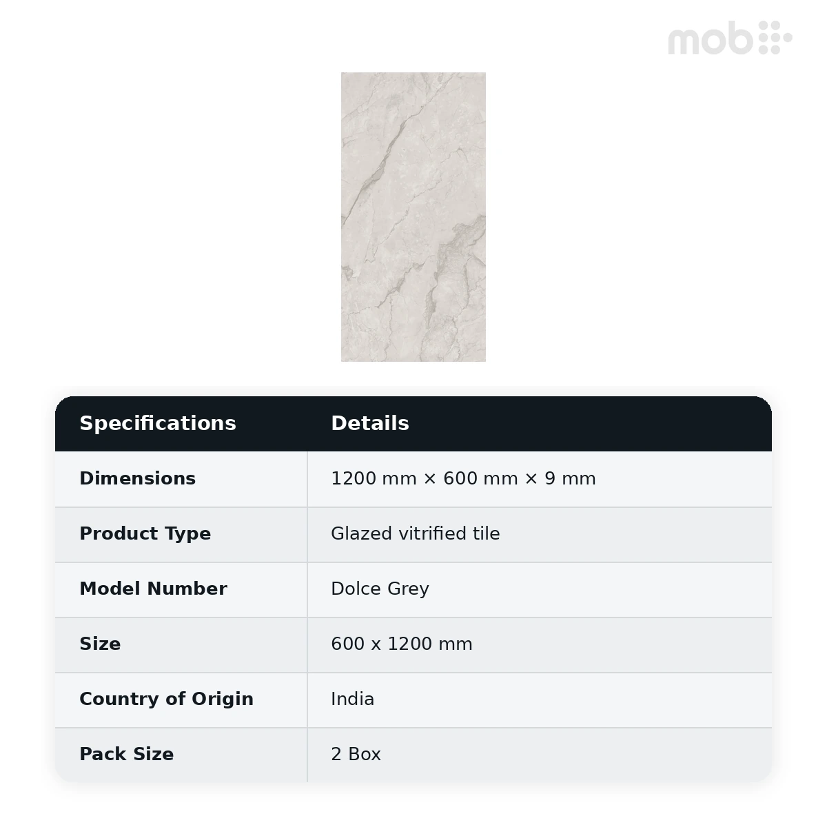 Morbi Tiles (Blackberry) Lucent Dolce Grey 600 x 1200 mm (2x4 Feet) Lucent Finish 9 mm Thickness, (2 Tiles/Box and 15.5 Sqft/Box) - image 2