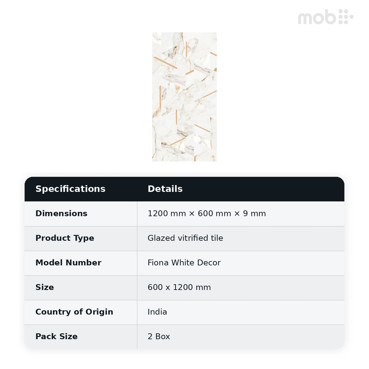 Morbi Tiles (Blackberry) Lucent Fiona White Decor 600 x 1200 mm (2x4 Feet) Lucent Finish 9 mm Thickness, (2 Tiles/Box and 15.5 Sqft/Box) - image 2