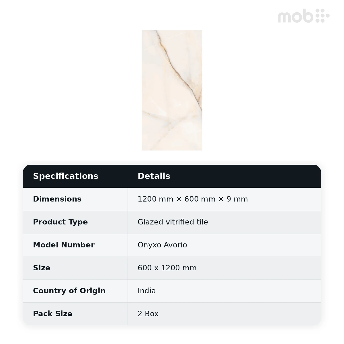 Morbi Tiles (Blackberry) Lucent Onyxo Avorio 600 x 1200 mm (2x4 Feet) Lucent Finish 9 mm Thickness, (2 Tiles/Box and 15.5 Sqft/Box) - image 2