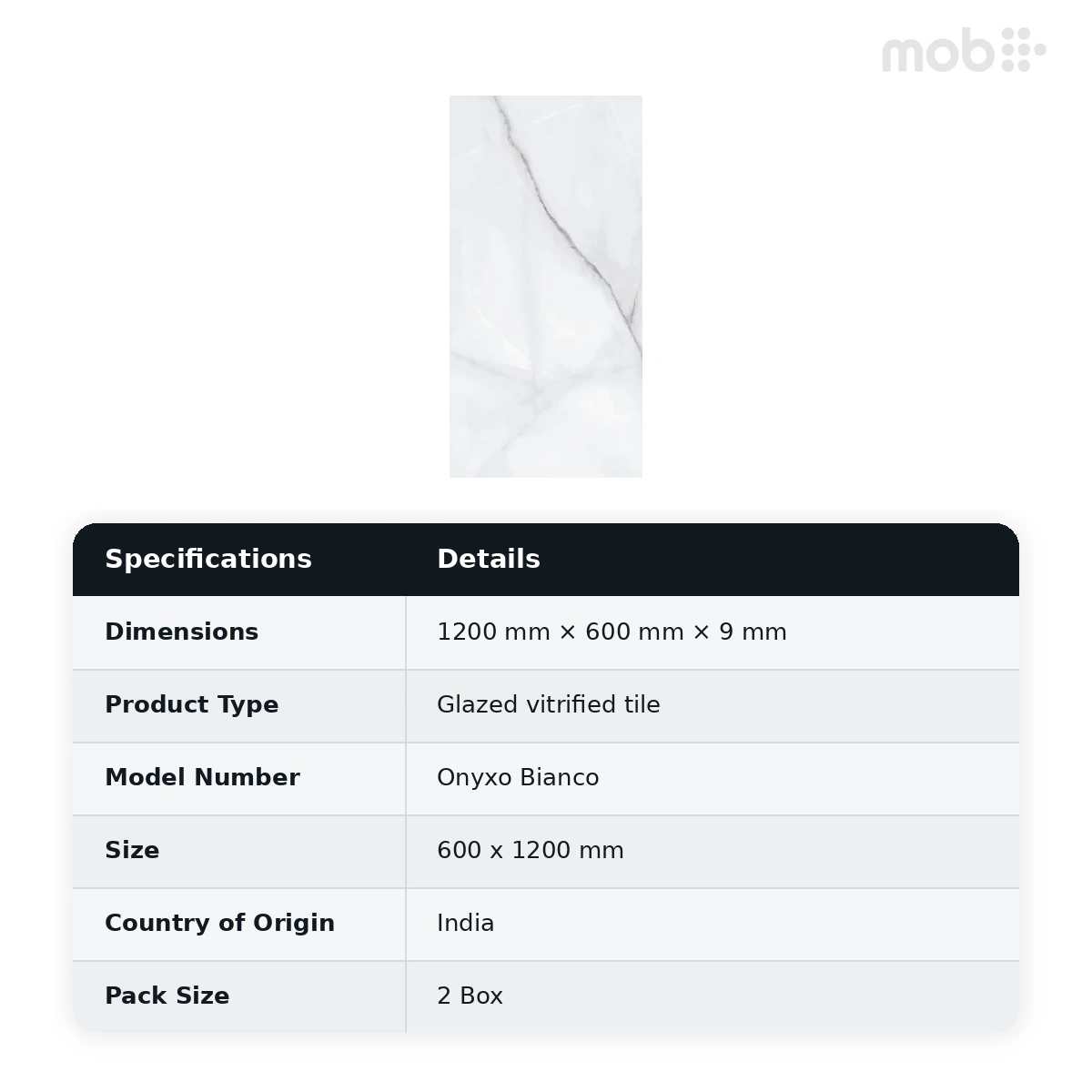 Morbi Tiles (Blackberry) Lucent Onyxo Bianco 600 x 1200 mm (2x4 Feet) Lucent Finish 9 mm Thickness, (2 Tiles/Box and 15.5 Sqft/Box) - image 2