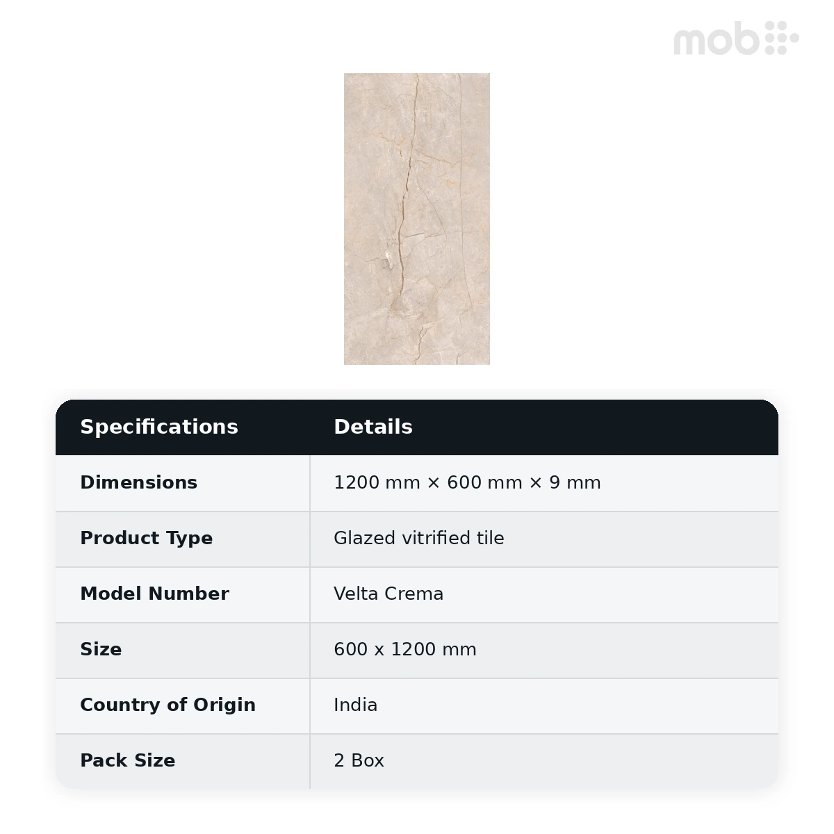 Morbi Tiles (Blackberry) Lucent Velta Crema 600 x 1200 mm (2x4 Feet) Lucent Finish 9 mm Thickness, (2 Tiles/Box and 15.5 Sqft/Box) - image 2