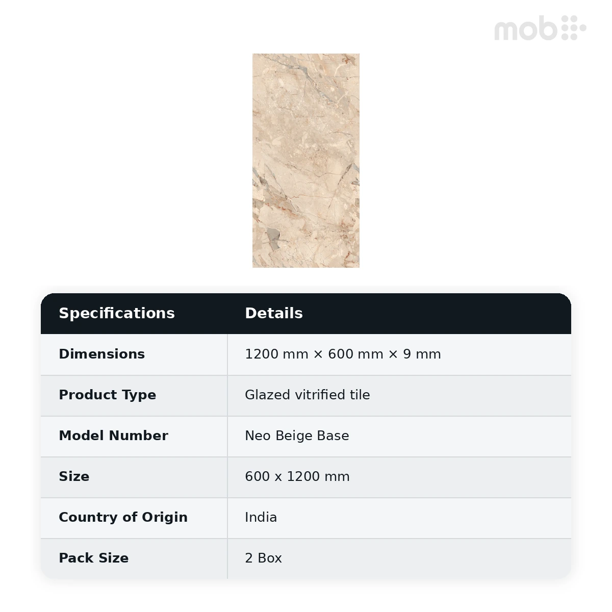 Morbi Tiles (Blackberry) Proactive Neo Beige Base 600 x 1200 mm (2x4 Feet) Proactive Finish 9 mm Thickness, (2 Tiles/Box and 15.5 Sqft/Box) - image 2