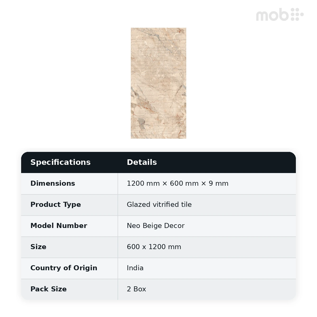 Morbi Tiles (Blackberry) Proactive Neo Beige Decor 600 x 1200 mm (2x4 Feet) Proactive Finish 9 mm Thickness, (2 Tiles/Box and 15.5 Sqft/Box) - image 2
