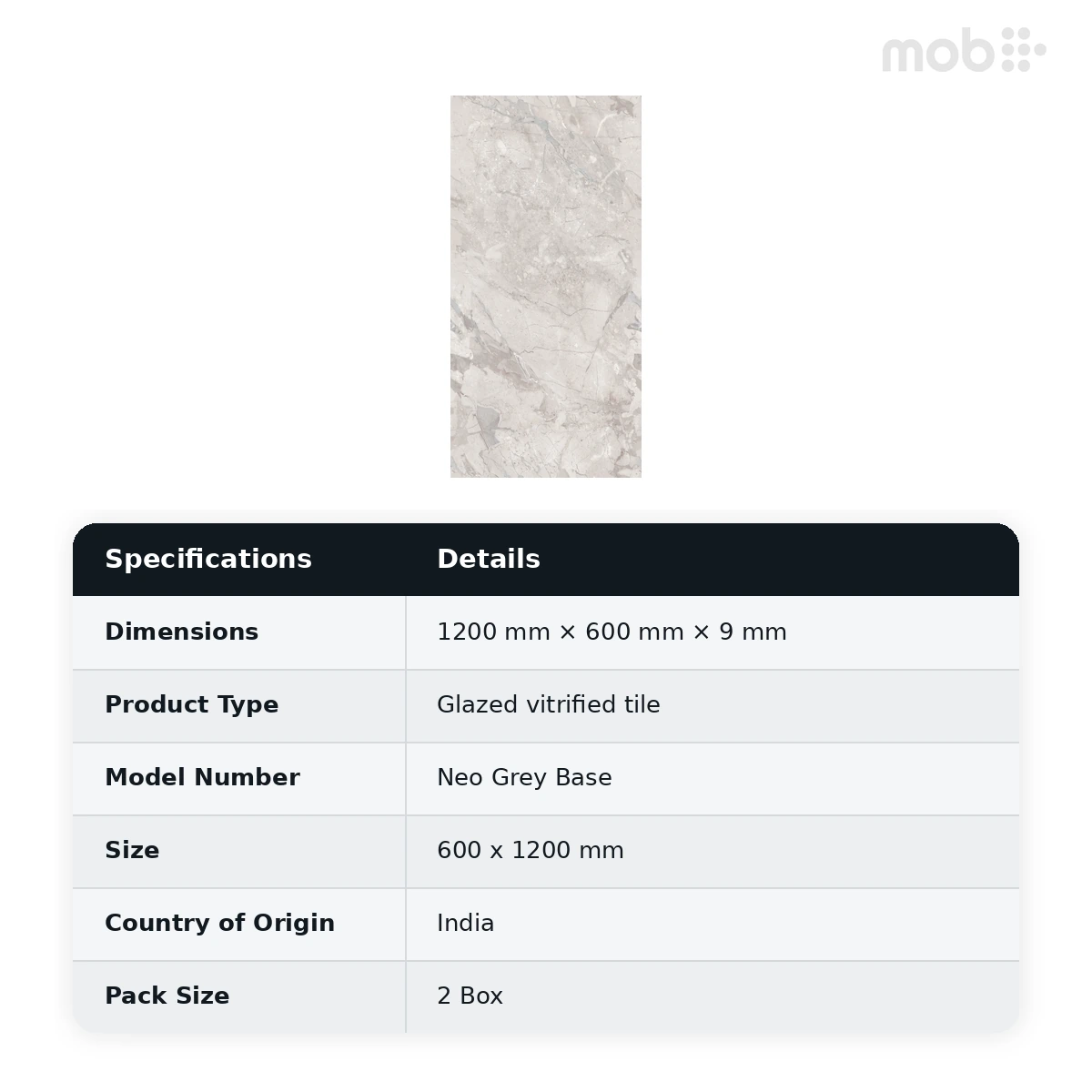 Morbi Tiles (Blackberry) Proactive Neo Grey Base 600 x 1200 mm (2x4 Feet) Proactive Finish 9 mm Thickness, (2 Tiles/Box and 15.5 Sqft/Box) - image 2