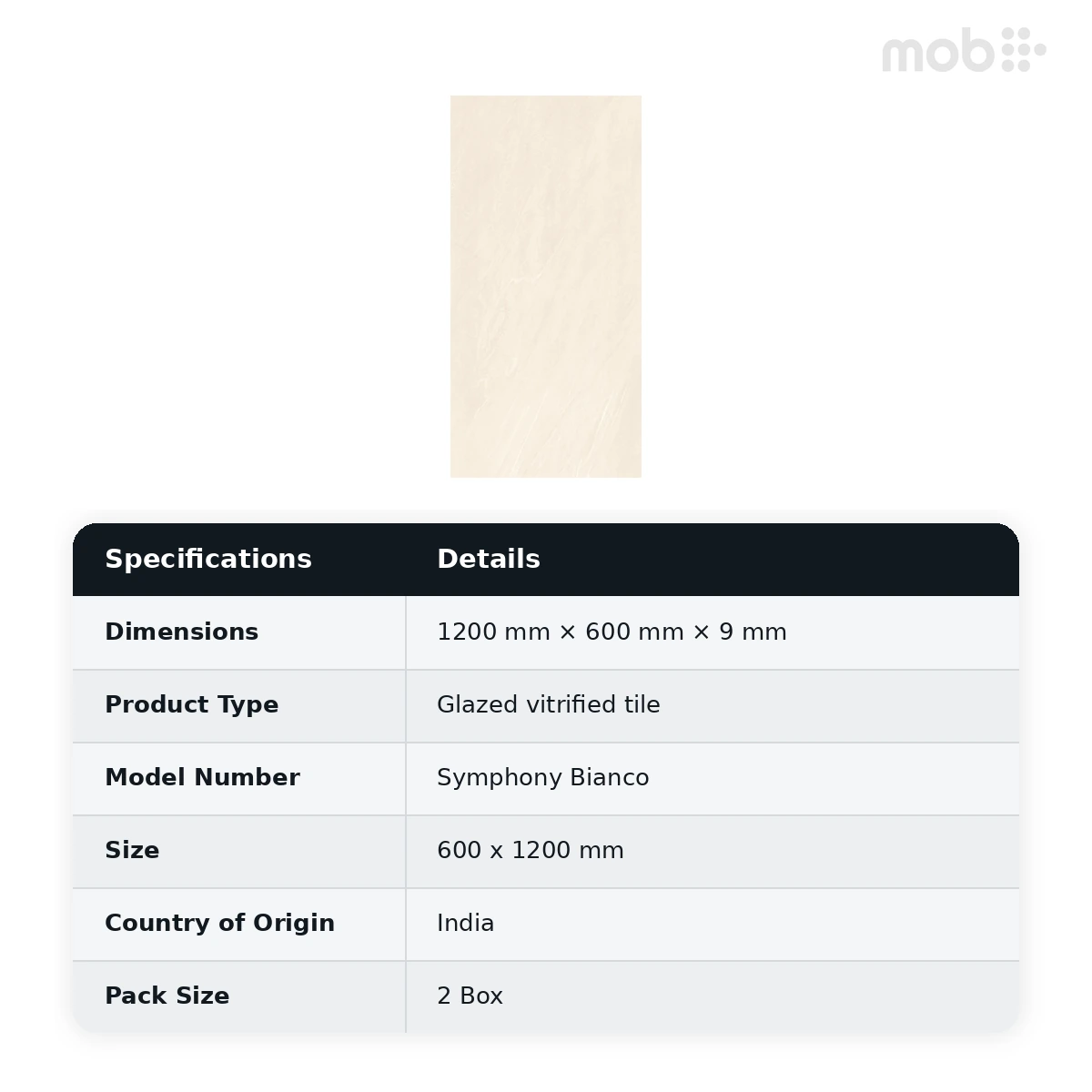 Morbi Tiles (Blackberry) Proactive Symphony Bianco 600 x 1200 mm (2x4 Feet) Proactive Finish 9 mm Thickness, (2 Tiles/Box and 15.5 Sqft/Box) - image 2