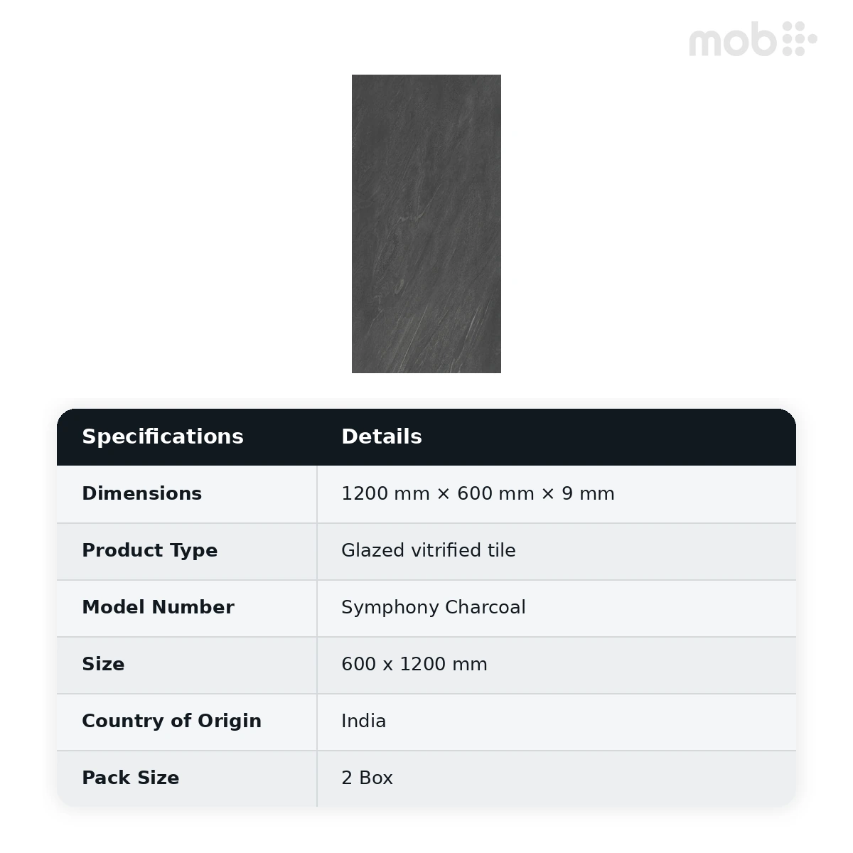 Morbi Tiles (Blackberry) Proactive Symphony Charcoal 600 x 1200 mm (2x4 Feet) Proactive Finish 9 mm Thickness, (2 Tiles/Box and 15.5 Sqft/Box) - image 2