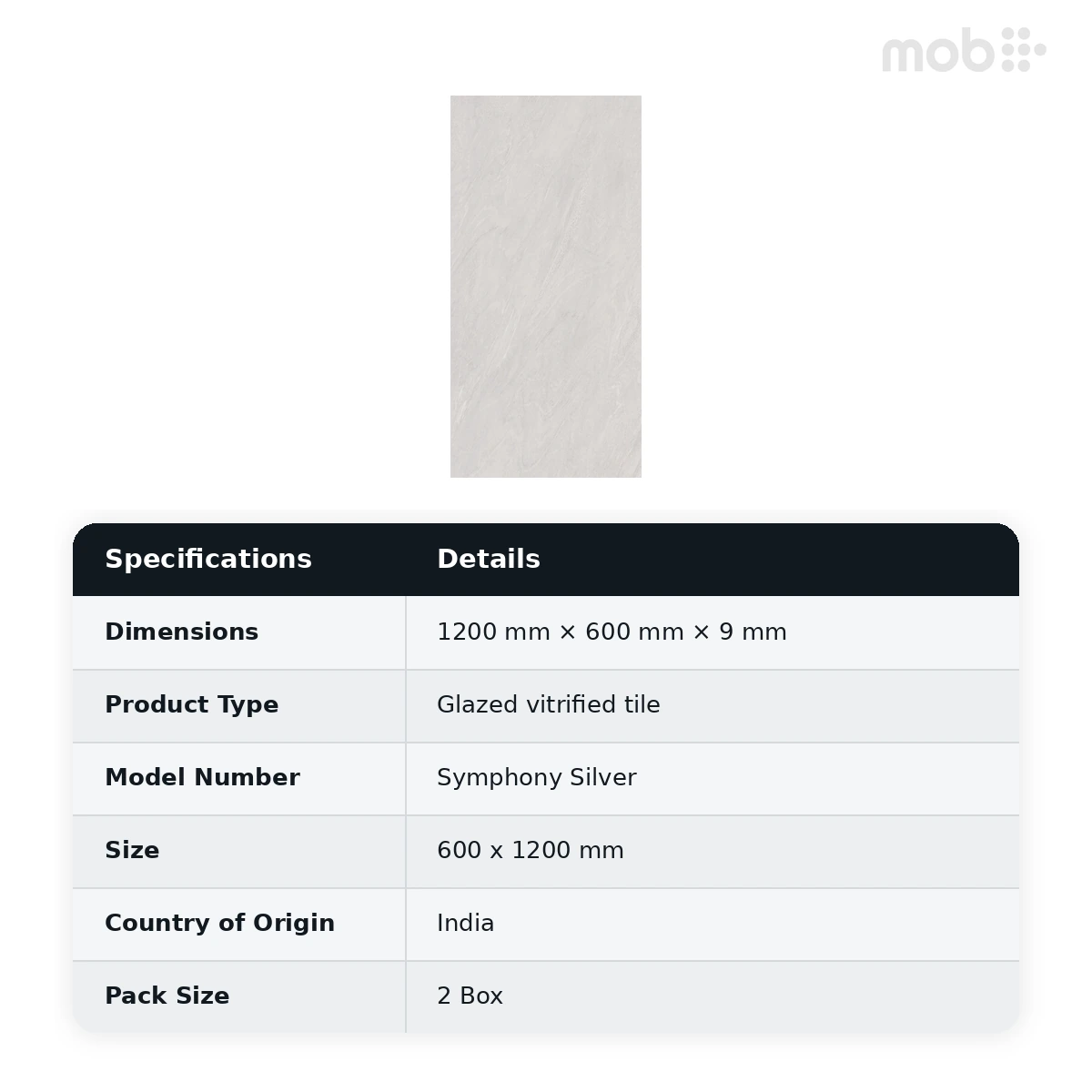Morbi Tiles (Blackberry) Proactive Symphony Silver 600 x 1200 mm (2x4 Feet) Proactive Finish 9 mm Thickness, (2 Tiles/Box and 15.5 Sqft/Box) - image 2