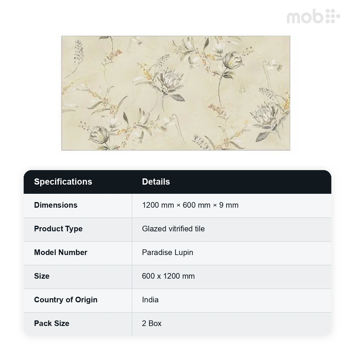 Morbi Tiles (Clancey) Base & Decor Paradise Lupin 600 x 1200 mm (2x4 Feet) Matt Carving Finish 9 mm Thickness, (2 Tiles/Box and 15.5 Sqft/Box) - image 2