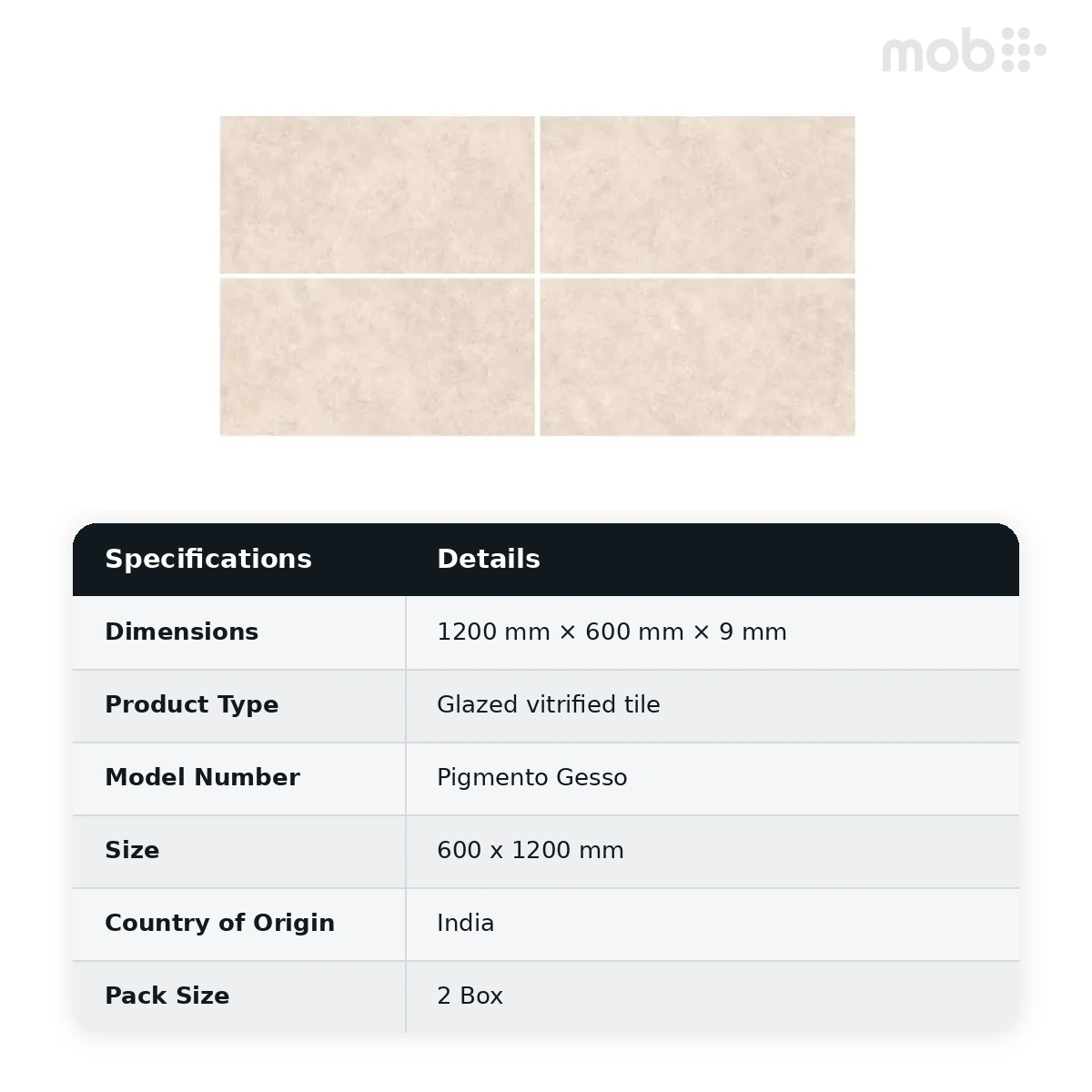Morbi Tiles (Clancey) Matt Pigmento Gesso 600 x 1200 mm (2x4 Feet) Matt Finish 9 mm Thickness, (2 Tiles/Box and 15.5 Sqft/Box) - image 2