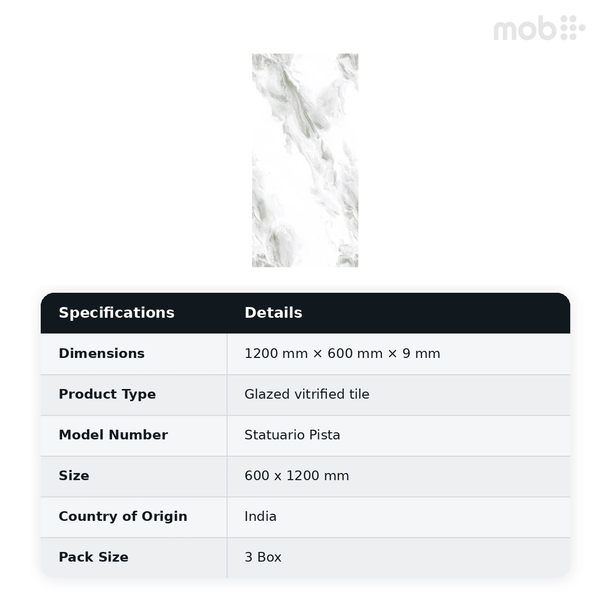 Morbi Tiles (Pengvin) Endless Glossy Statuario Pista 600 x 1200 mm (2x4 Feet) Glossy Finish 9 mm Thickness, (3 Tiles/Box and 23.25 Sqft/Box) - image 2