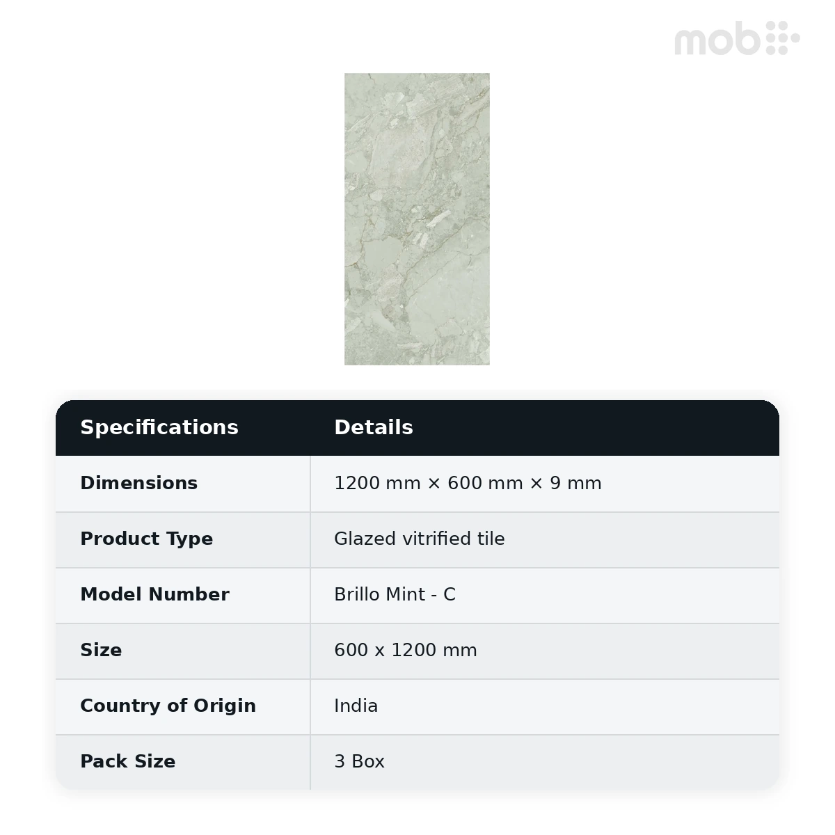 Morbi Tiles (Pengvin) Glossy Series Brillo Mint - C 600 x 1200 mm (2x4 Feet) Glossy Finish 9 mm Thickness, (3 Tiles/Box and 23.25 Sqft/Box) - image 2