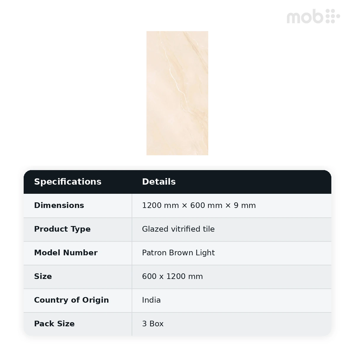 Morbi Tiles (Pengvin) Glossy Series Patron Brown Light 600 x 1200 mm (2x4 Feet) Glossy Finish 9 mm Thickness, (3 Tiles/Box and 23.25 Sqft/Box) - image 2