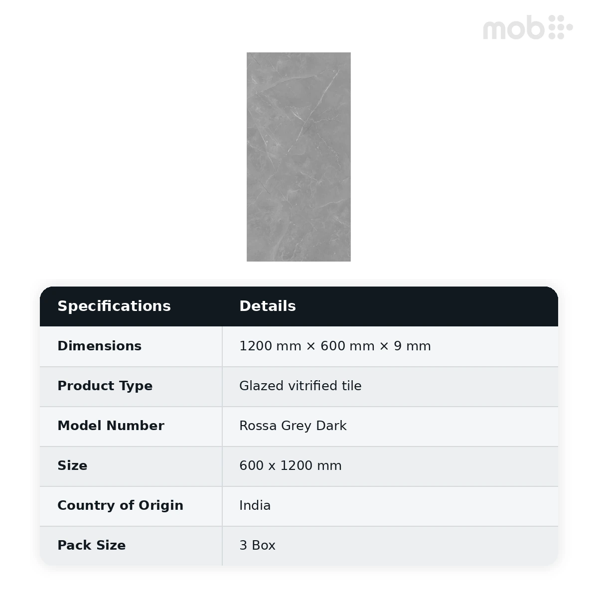 Morbi Tiles (Pengvin) Glossy Series Rossa Grey Dark 600 x 1200 mm (2x4 Feet) Glossy Finish 9 mm Thickness, (3 Tiles/Box and 23.25 Sqft/Box) - image 2