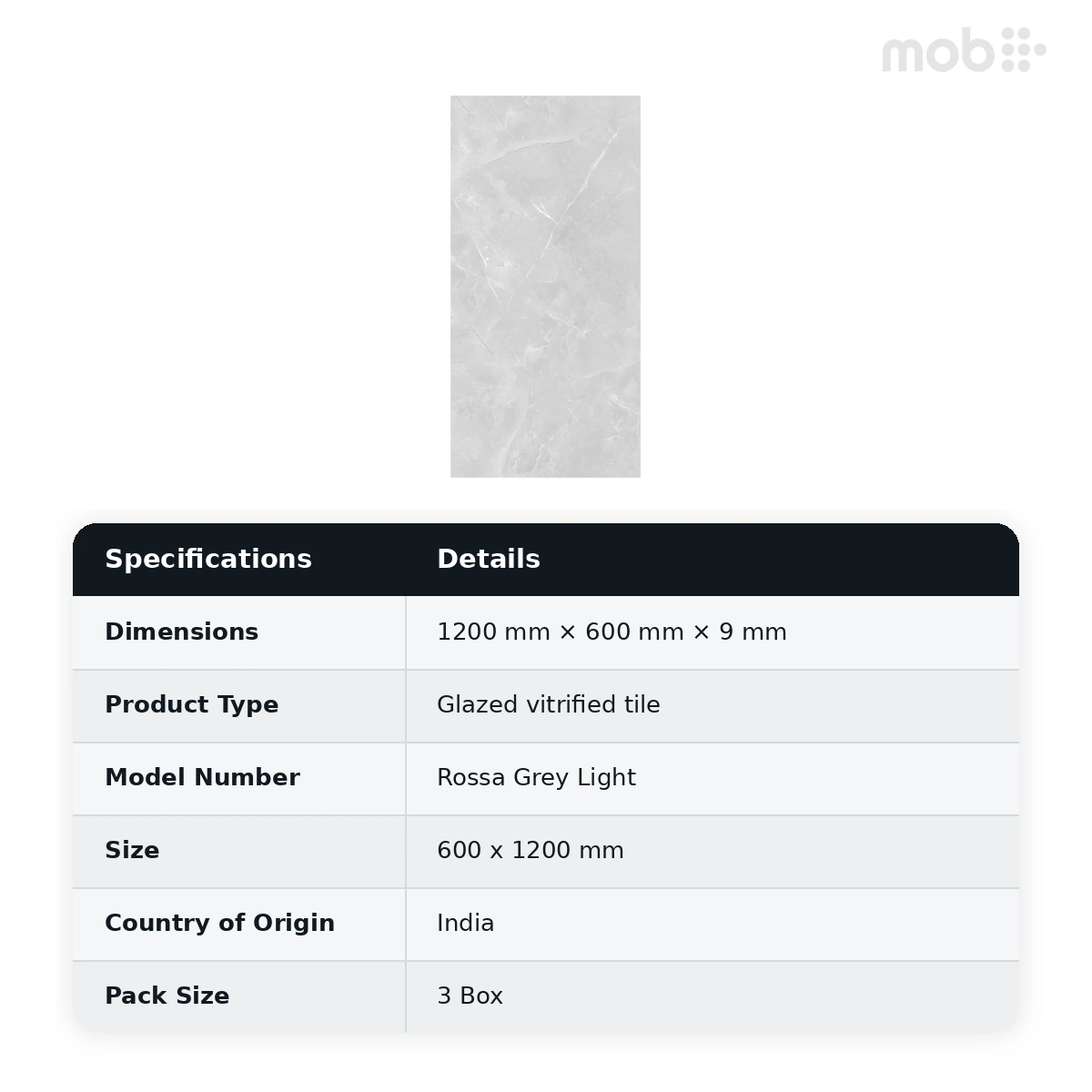 Morbi Tiles (Pengvin) Glossy Series Rossa Grey Light 600 x 1200 mm (2x4 Feet) Glossy Finish 9 mm Thickness, (3 Tiles/Box and 23.25 Sqft/Box) - image 2