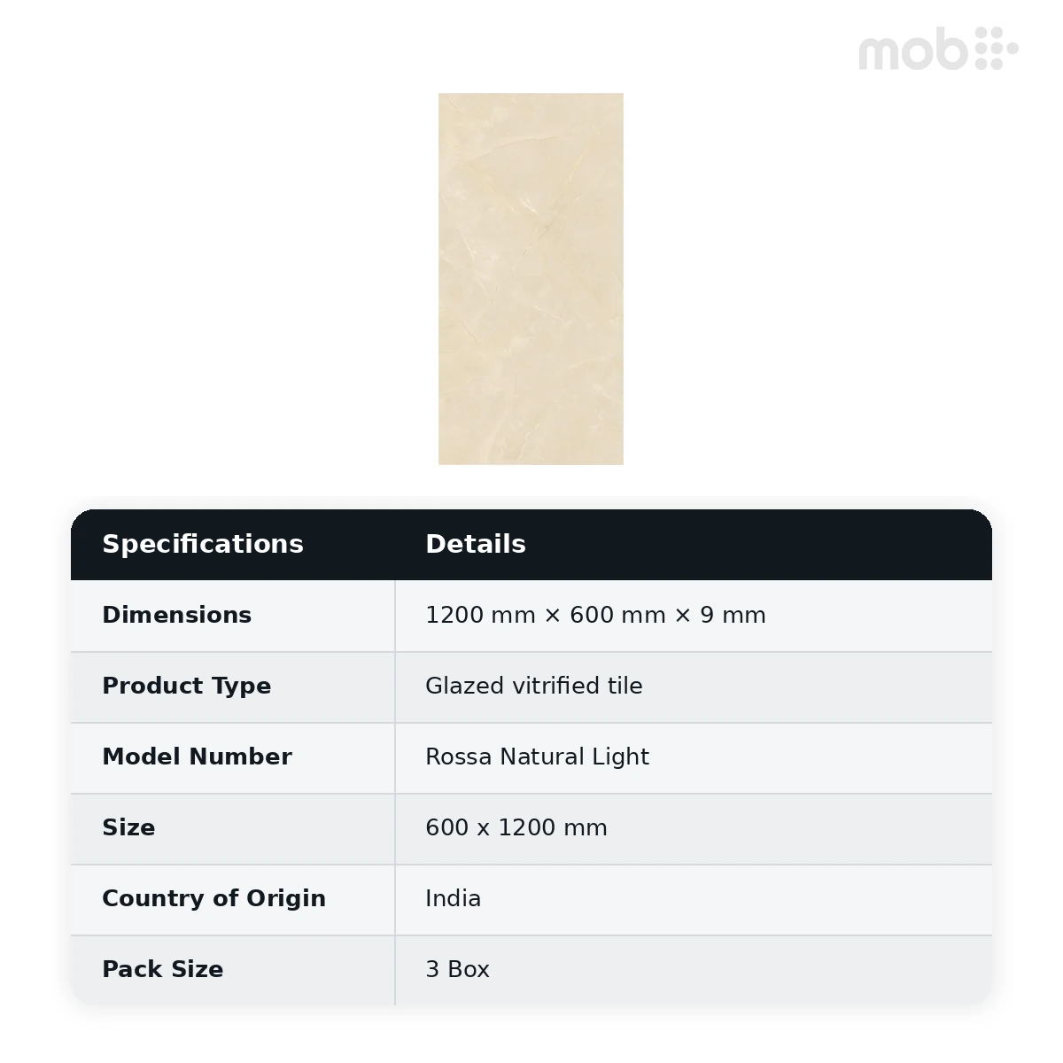 Morbi Tiles (Pengvin) Glossy Series Rossa Natural Light 600 x 1200 mm (2x4 Feet) Glossy Finish 9 mm Thickness, (3 Tiles/Box and 23.25 Sqft/Box) - image 2