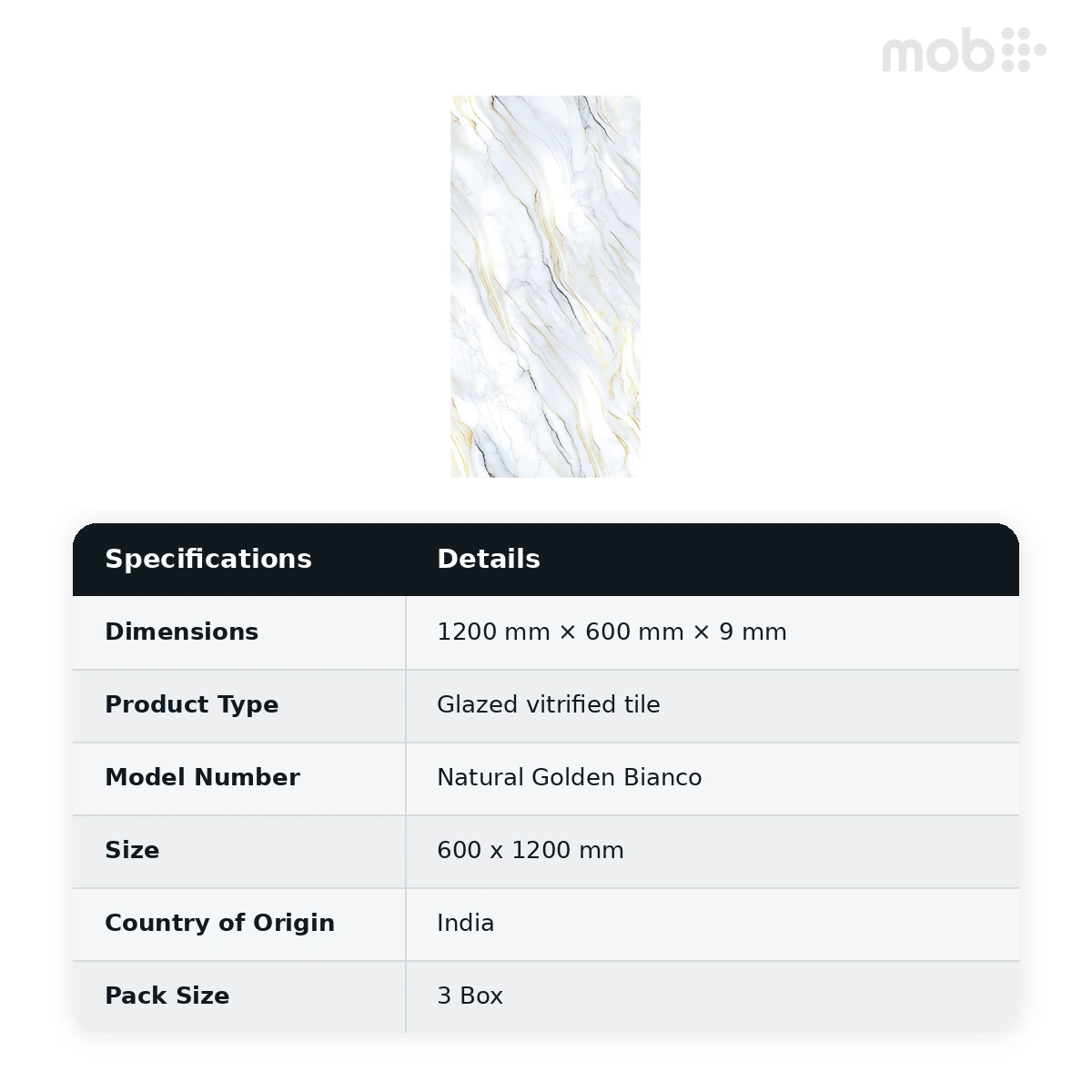 Morbi Tiles (Pengvin) Golden Endless Natural Golden Bianco 600 x 1200 mm (2x4 Feet) Glossy Finish 9 mm Thickness, (3 Tiles/Box and 23.25 Sqft/Box) - image 2