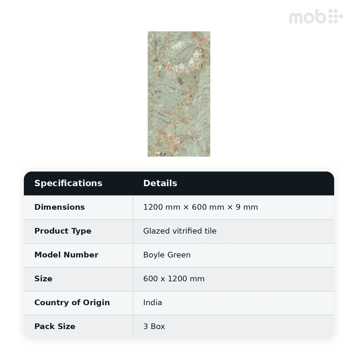Morbi Tiles (Pengvin) Inky Boyle Green 600 x 1200 mm (2x4 Feet) Glossy Finish 9 mm Thickness, (3 Tiles/Box and 23.25 Sqft/Box) - image 2