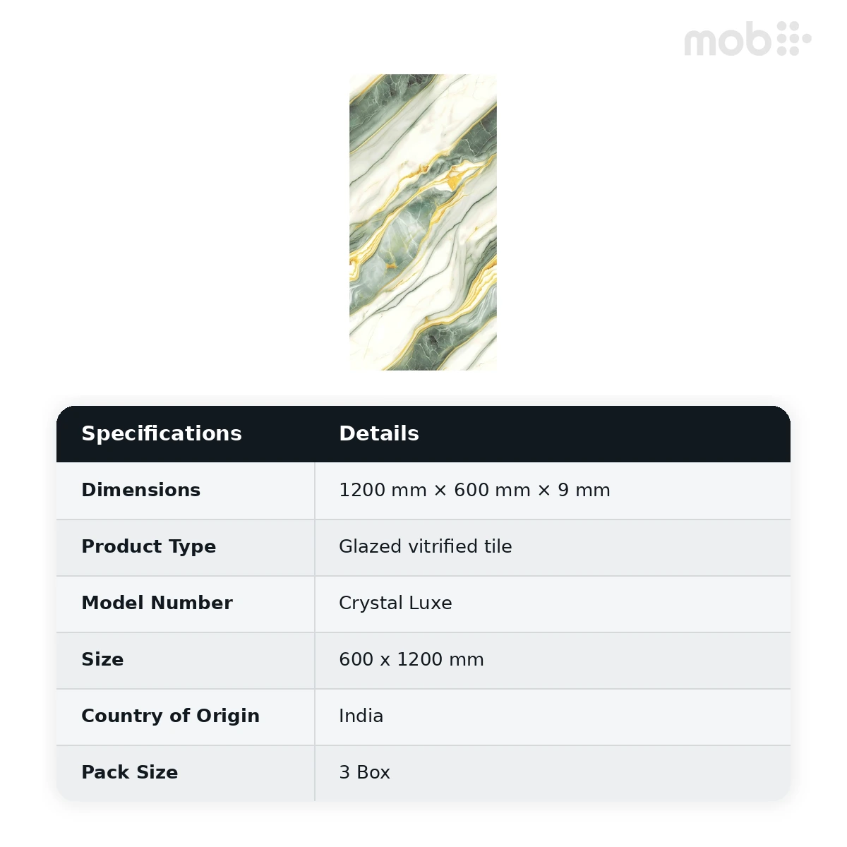 Morbi Tiles (Pengvin) Inky Endless Crystal Luxe 600 x 1200 mm (2x4 Feet) Glossy Finish 9 mm Thickness, (3 Tiles/Box and 23.25 Sqft/Box) - image 2
