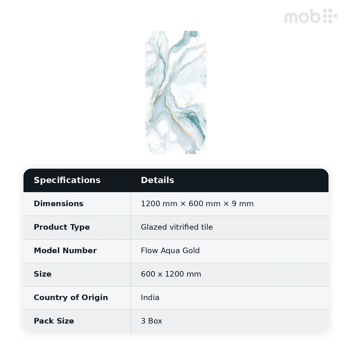 Morbi Tiles (Pengvin) Inky Endless Flow Aqua Gold 600 x 1200 mm (2x4 Feet) Glossy Finish 9 mm Thickness, (3 Tiles/Box and 23.25 Sqft/Box) - image 2
