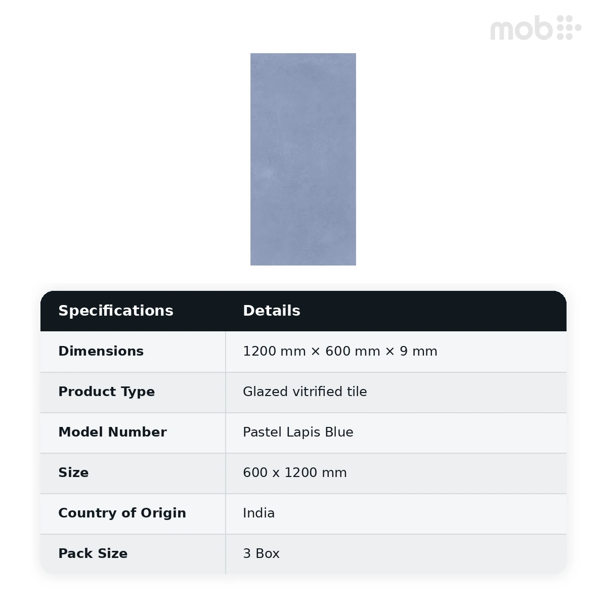Morbi Tiles (Pengvin) Pastel Glossy Pastel Lapis Blue 600 x 1200 mm (2x4 Feet) Glossy Finish 9 mm Thickness, (3 Tiles/Box and 23.25 Sqft/Box) - image 2