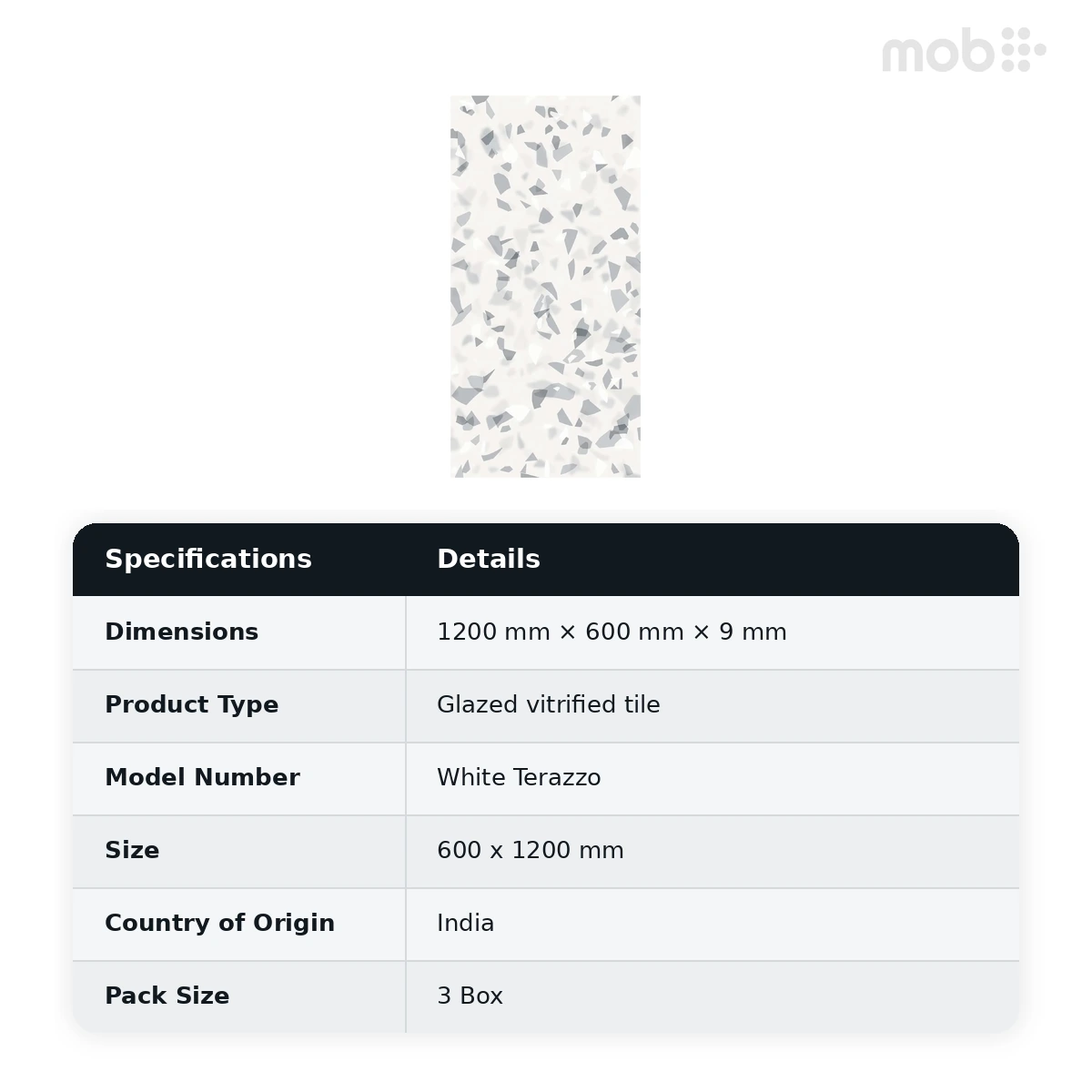 Morbi Tiles (Pengvin) Terrazzo Glossy White Terazzo 600 x 1200 mm (2x4 Feet) Glossy Finish 9 mm Thickness, (3 Tiles/Box and 23.25 Sqft/Box) - image 2