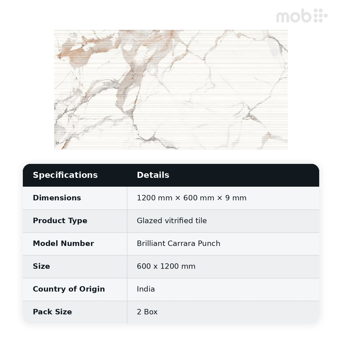 Morbi Tiles (Sparten) Sparten Brilliant Carrara Punch 600 x 1200 mm (2x4 Feet) Matt Finish 9 mm Thickness, (2 Tiles/Box and 15.5 Sqft/Box) - image 6