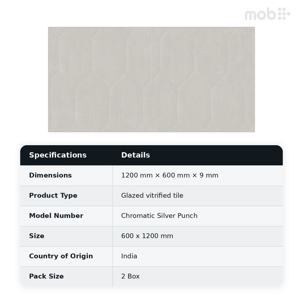Morbi Tiles (Sparten) Sparten Chromatic Silver Punch 600 x 1200 mm (2x4 Feet) Matt Finish 9 mm Thickness, (2 Tiles/Box and 15.5 Sqft/Box) - image 3